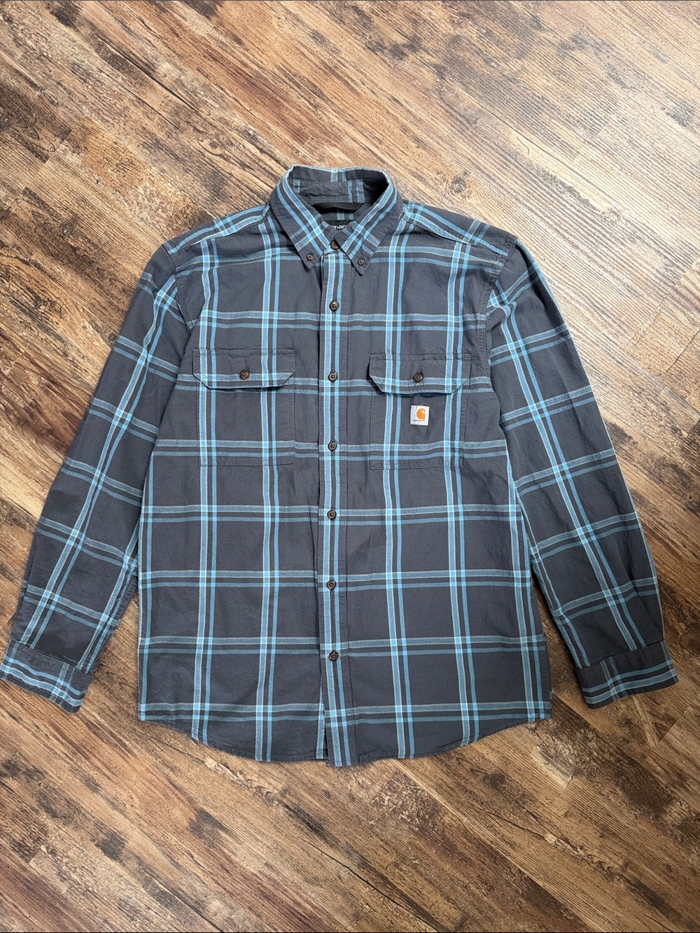Men's Carhartt Loose Fit Flannel Long Sleeve Shirt Blue Plaid Size Medium